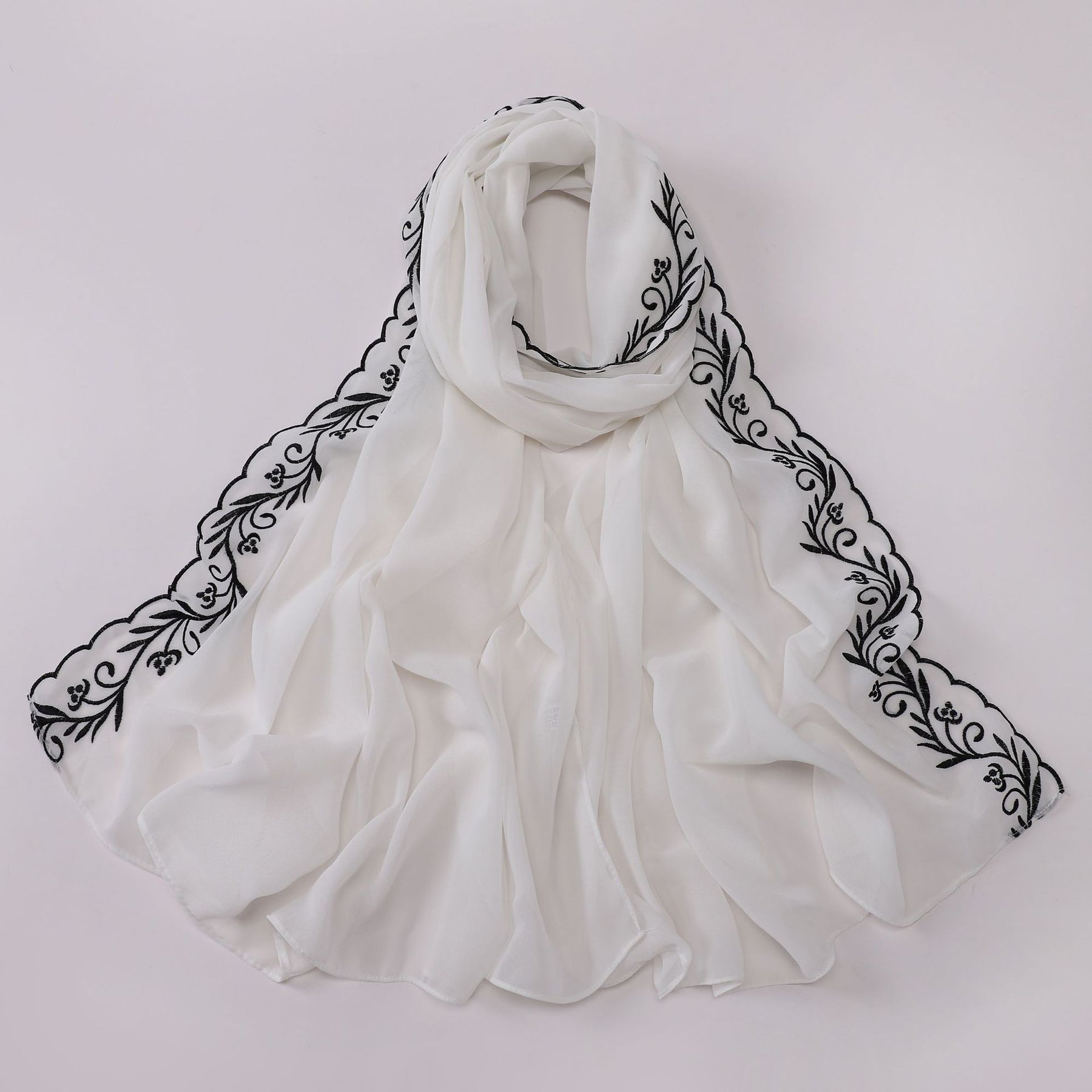 W-0512  Pearl Chiffon Long Hijab with One Side Embroidery