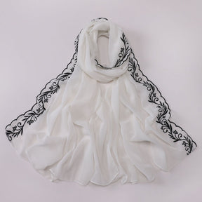 W-0512  Pearl Chiffon Long Hijab with One Side Embroidery