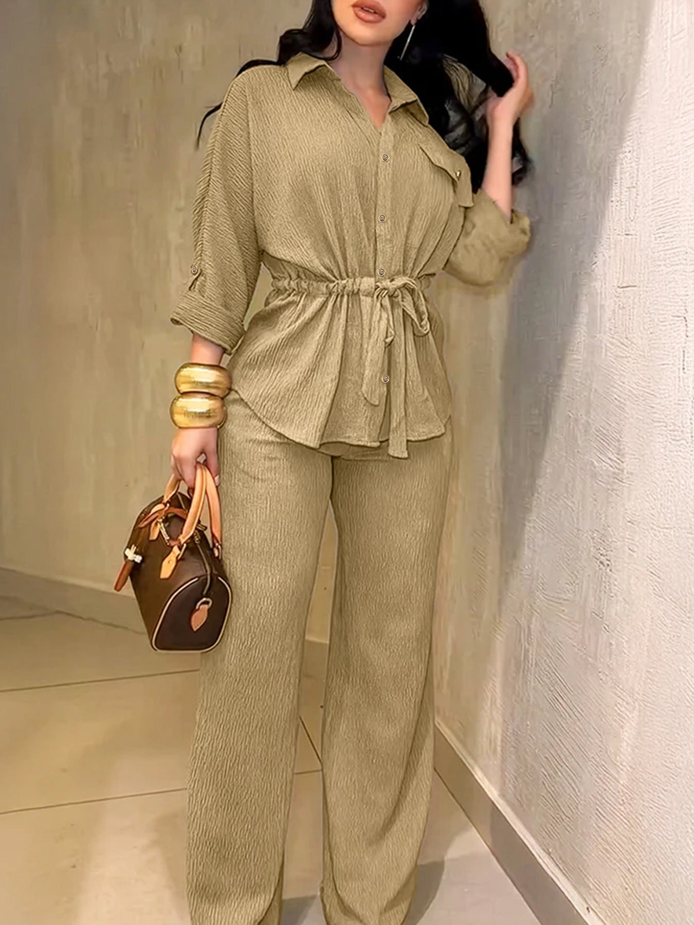 HC55359  Women's Lapel Button Shirt & Drawstring Wide-Leg Pants Set
