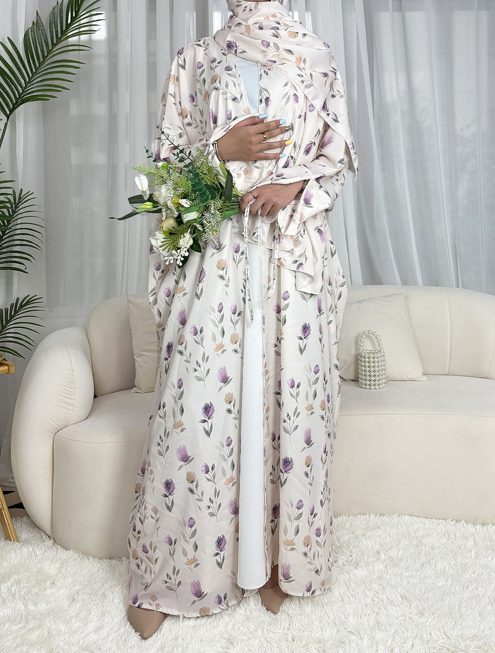 SMYH  Art Print Batwing Sleeve Cardigan Loose Abaya