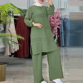 L8052  Muslim women's two-piece sportswear double bars elegant solid color long-sleeved shirt wide-leg pants suit abaya