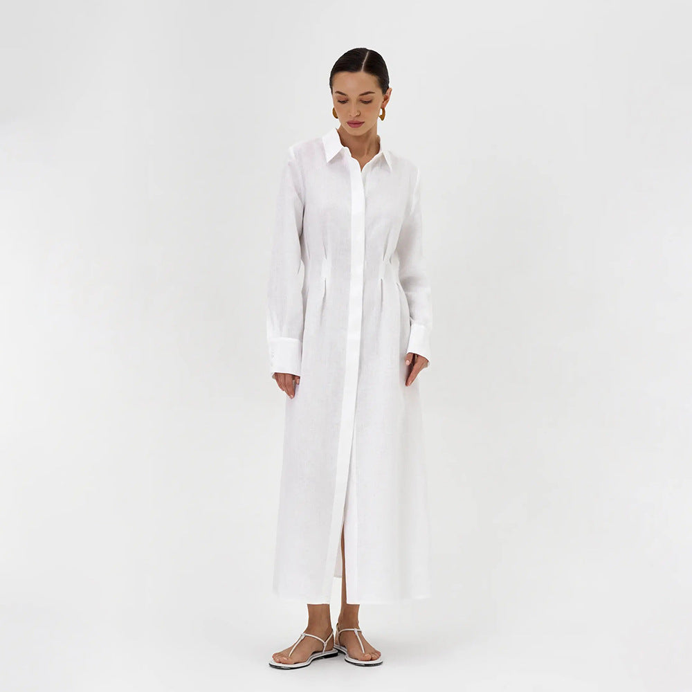 LYQ0431  Women's Waist-Cinching Linen Shirt Dress with Side Slit