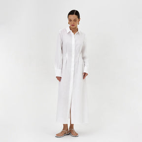 LYQ0431  Women's Waist-Cinching Linen Shirt Dress with Side Slit