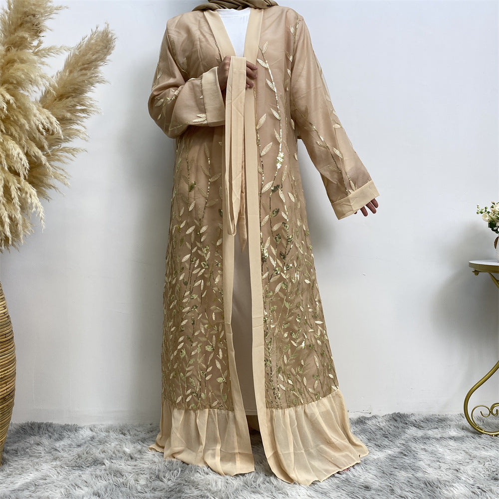 1711 Leaf embroidery sequin abaya muslim dress