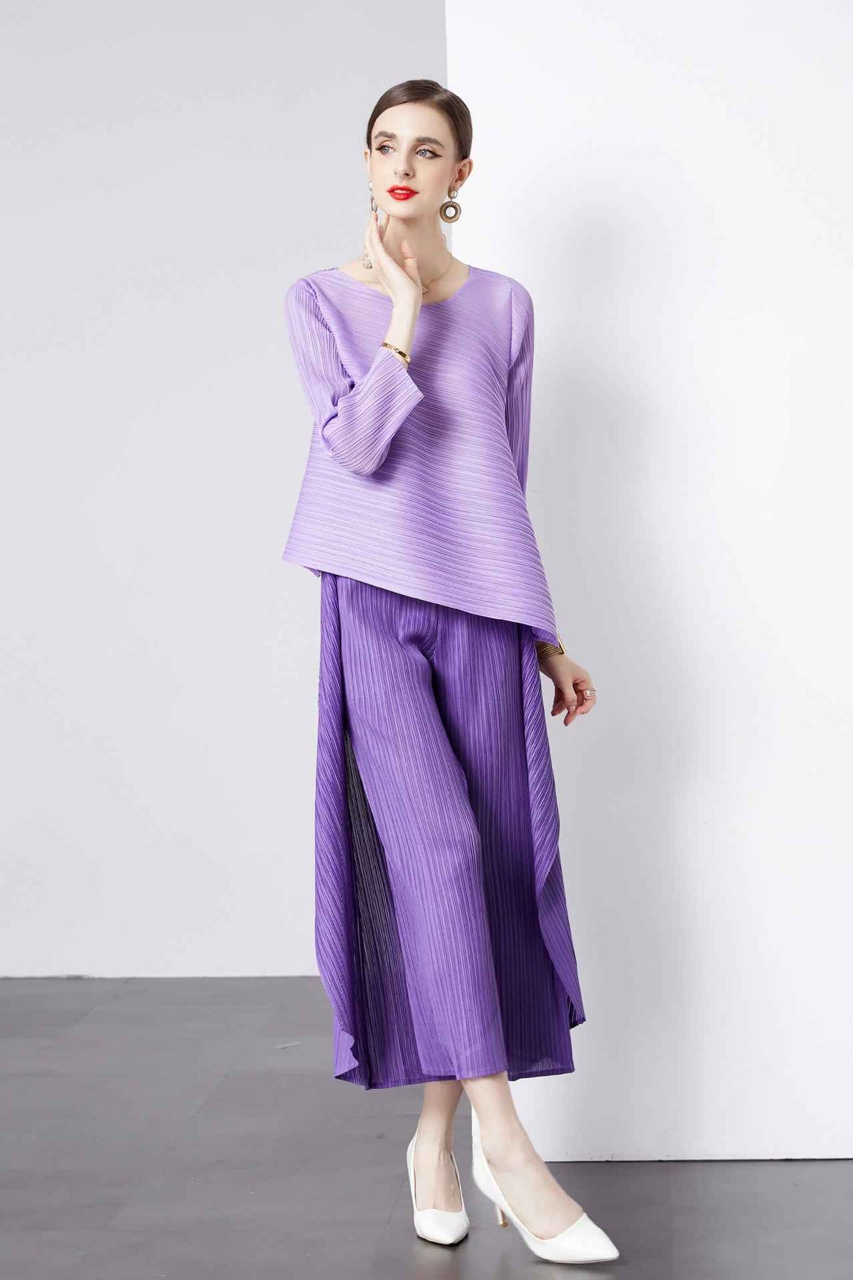 NRJ-610#19094 Pleated irregular trousers and nine-quarter sleeve bottoming shirt suit