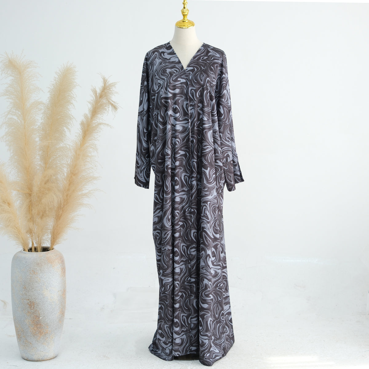 LR976 Printed boutonniere ankle length dress
