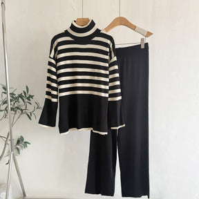 Striped Jersey Loose High Neck Sweater 2-Piece Set