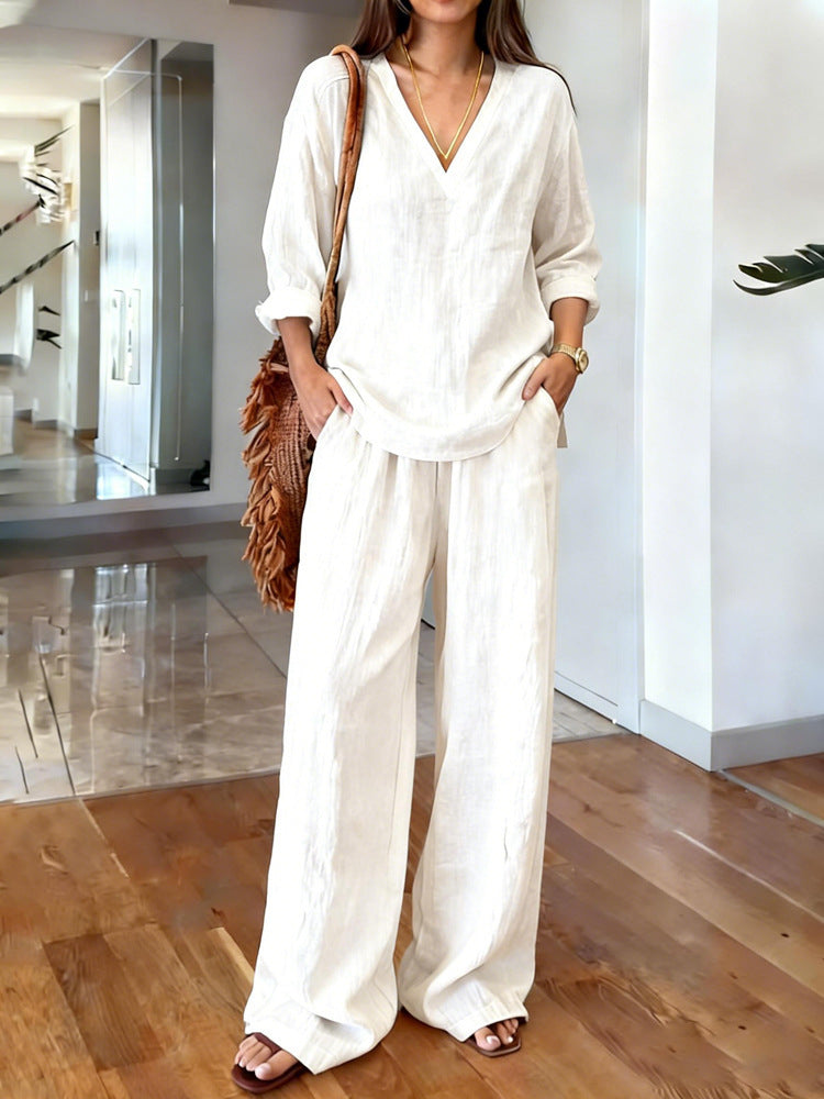 CB003  Elegant V-Neck Long Sleeve Top & Pants Abaya 2-Piece Set