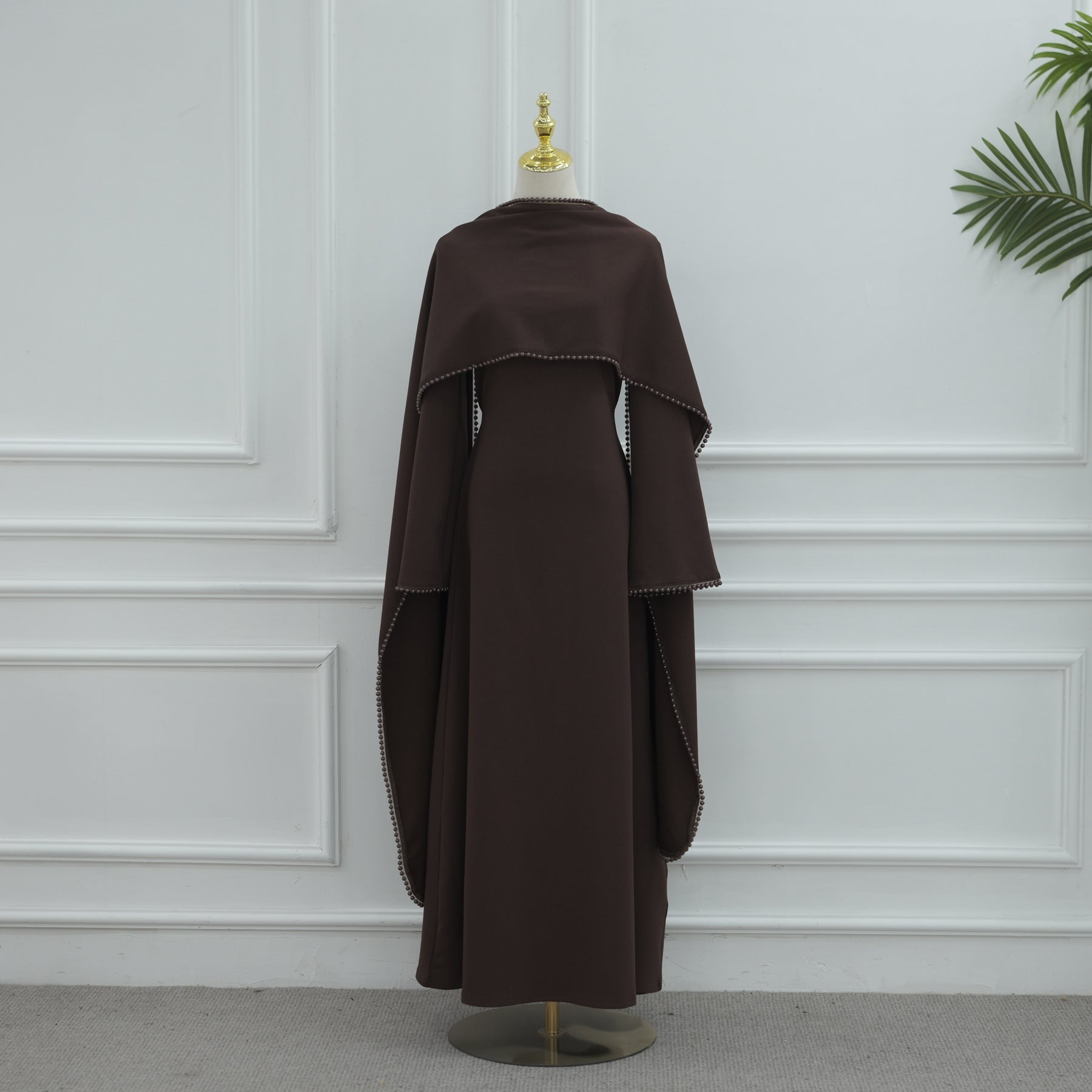 LR1167  Plain Scuba Beaded Shawl + Long Sleeve Dress Set