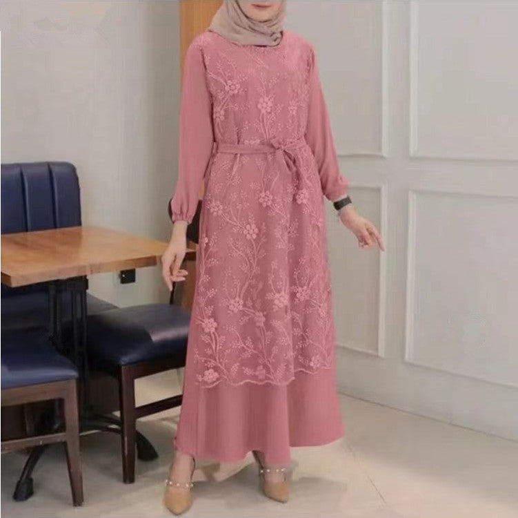 9902 lace Solid color muslim abaya long dress