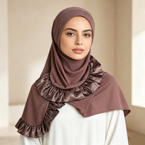 TD68-062  Plain Crystal Linen One-Piece Hijab, Silver Foil Ruffles