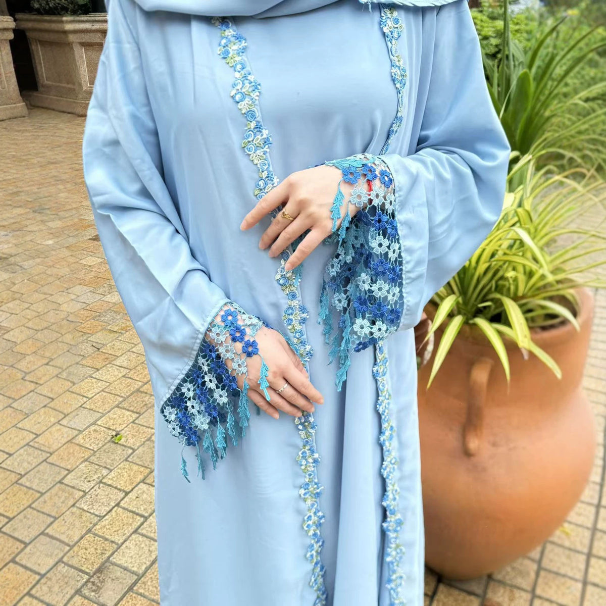 198#  Floral Embroidered Polyester Open Abaya + Slip Dress Set - Hijab sold separately
