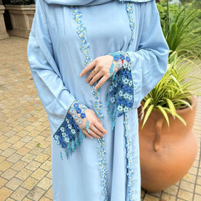 198#  Floral Embroidered Polyester Open Abaya + Slip Dress Set - Hijab sold separately