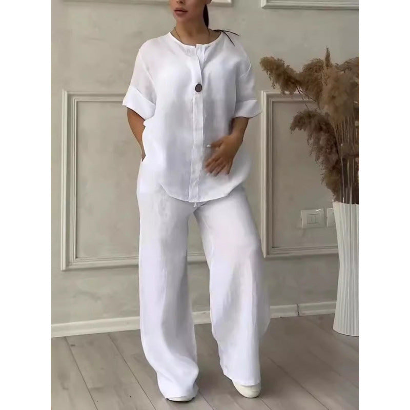 8605  Women's Comfortable Loose Top & Wide-Leg Pants Cotton Linen Set