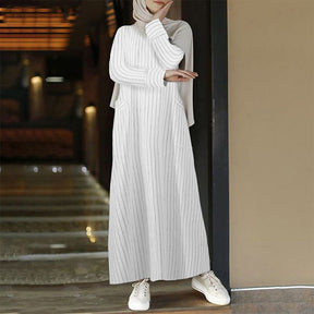 2020915  Women's Retro Stripe Cotton Linen A-Line Dress for Autumn