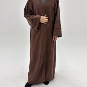 LR891  Fall & Winter Suede Fabric Open Abaya — Open Abaya Only