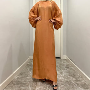 1342 Puff sleeve Bright silk muslim abaya dress