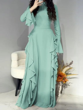 6256  Elegant Plain High-Waist Flare Sleeve Long Dress