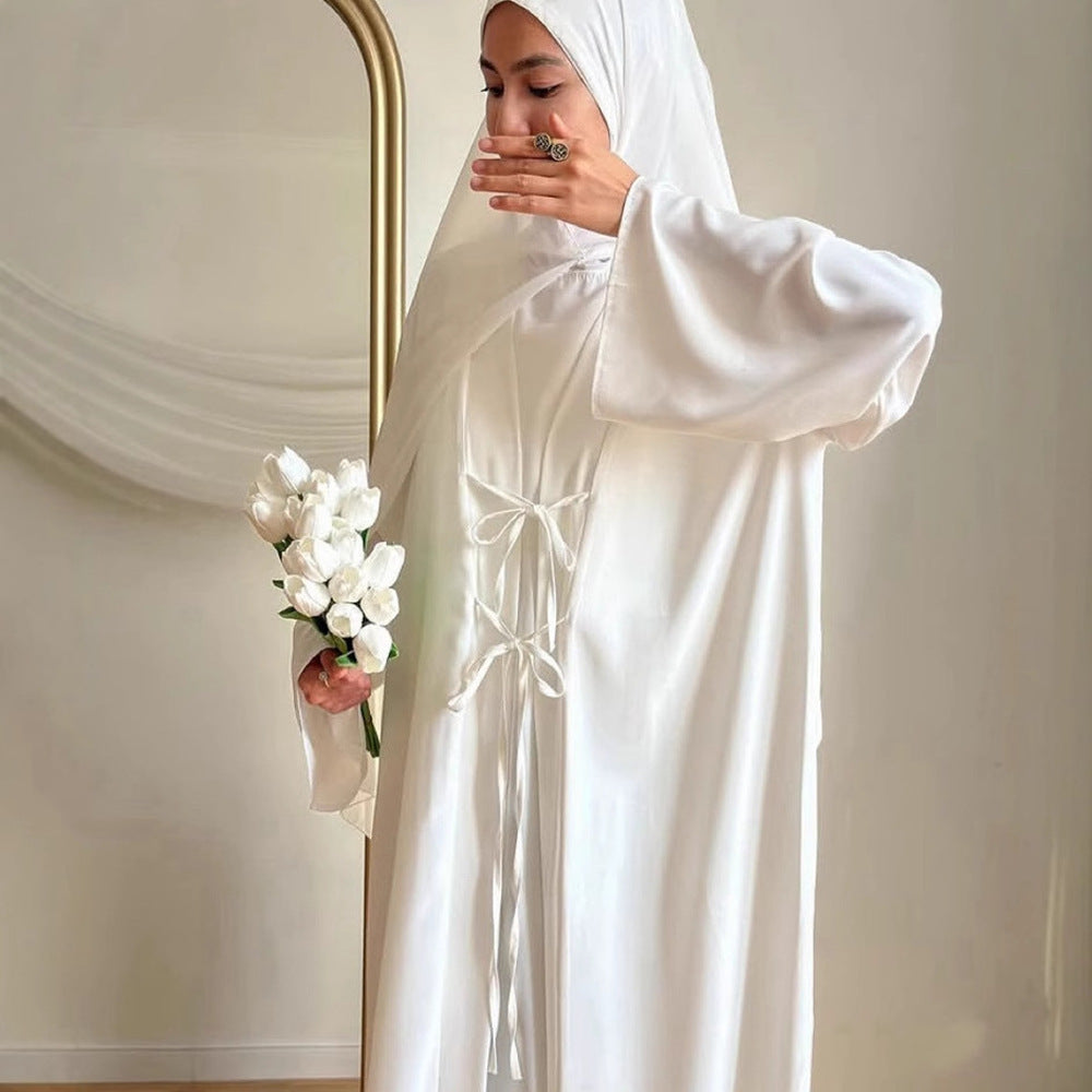 K113  Satin Tie-Front Open Abaya + Inner Dress Set - No Hijab