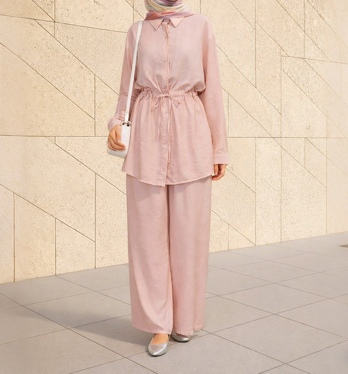 M369  Solid Color Fashion Long Sleeve Shirt and Wide Leg Pants Two Piece Set