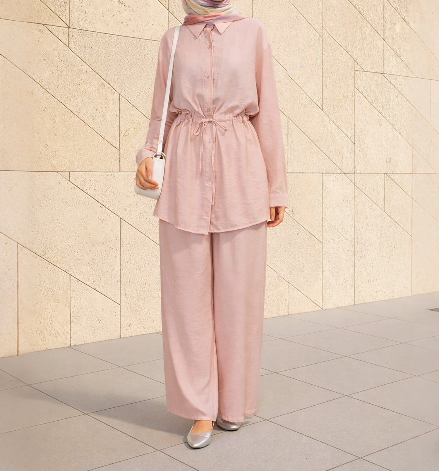 M369  Solid Color Fashion Long Sleeve Shirt and Wide Leg Pants Two Piece Set