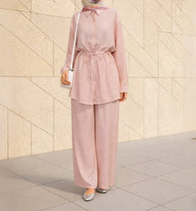 M369  Solid Color Fashion Long Sleeve Shirt and Wide Leg Pants Two Piece Set