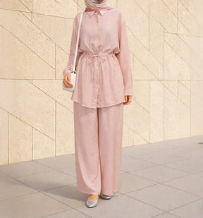 M369  Solid Color Fashion Long Sleeve Shirt and Wide Leg Pants Two Piece Set