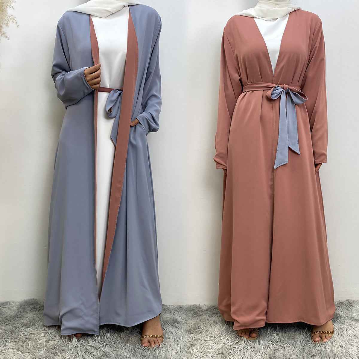 1991 Solid color reversible cardigan with pockets and tie abaya