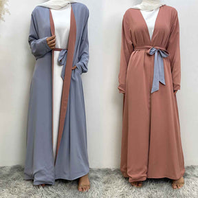 1991 Solid color reversible cardigan with pockets and tie abaya
