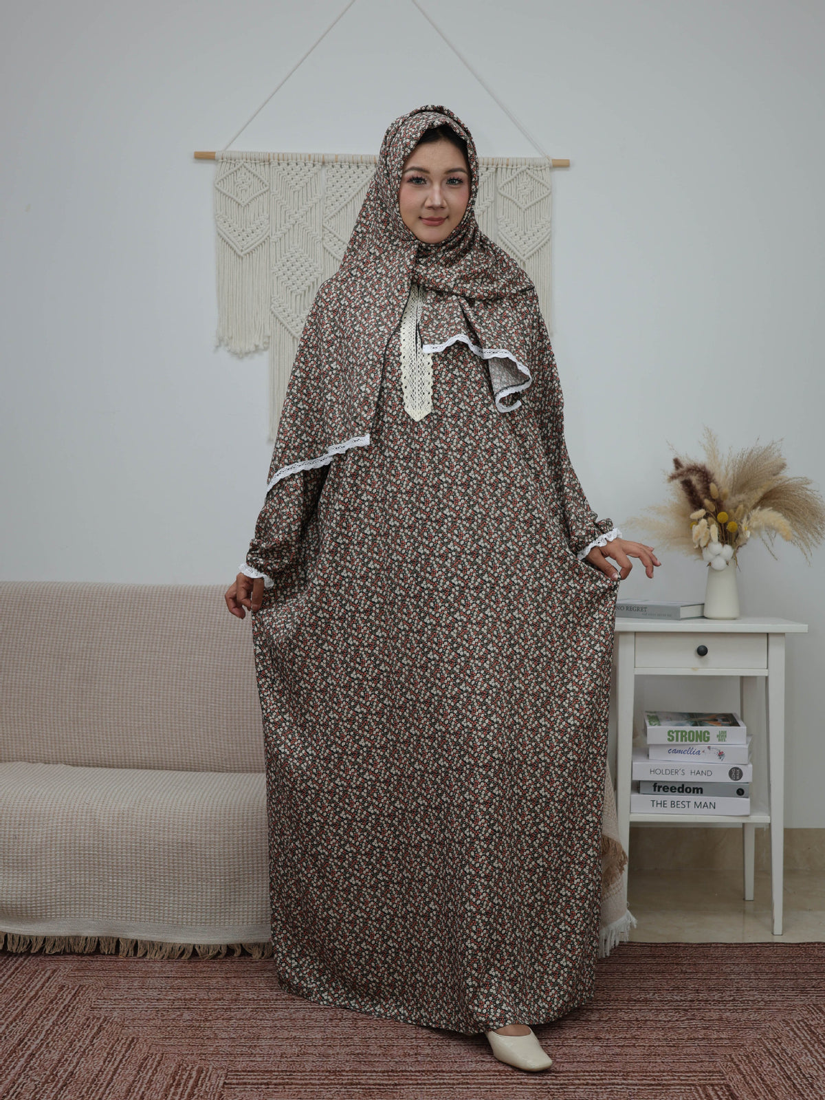 XL001  Floral Print Loose Long Sleeve Integrated Viscose Prayer Set