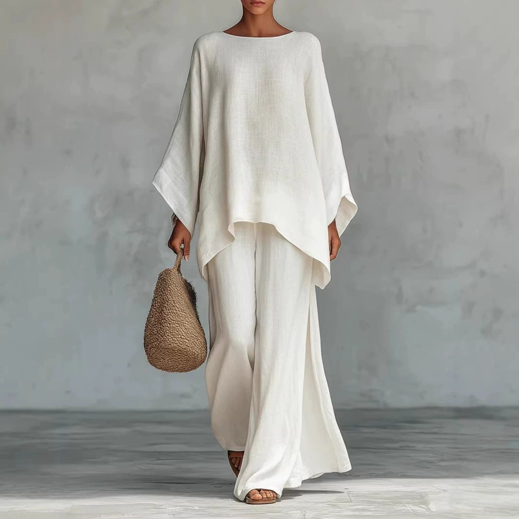 GS-30910  Women Simple Loose Linen Blend Shirt Wide Leg Pants Set