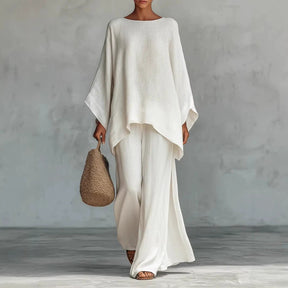 GS-30910  Women Simple Loose Linen Blend Shirt Wide Leg Pants Set