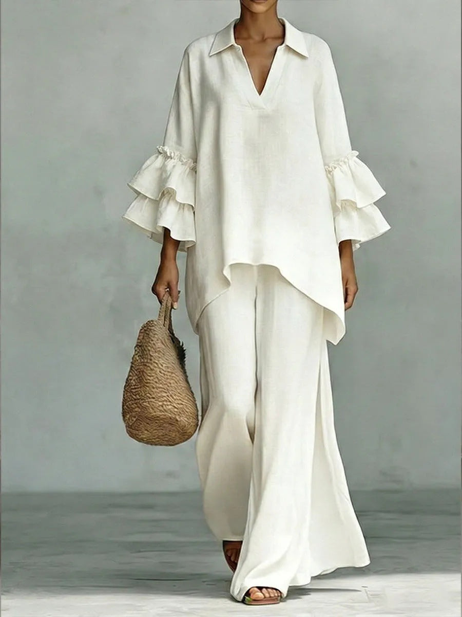 8152  Women Casual Plain Shirt Collar Loose Pants Two Piece Set