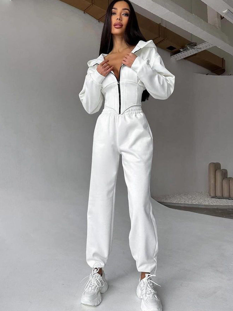 C56105  Autumn Winter Women Plain Drawstring Hooded Sweatsuit Abaya 2-Piece Set