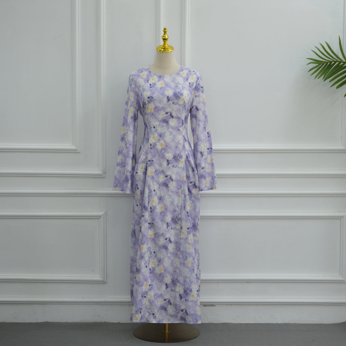 LR1373  Elegant Floral Center Print Double-Layer Polyester Tie Waist Dress