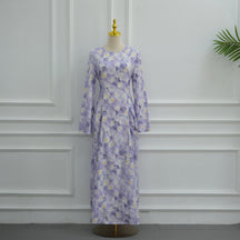 LR1373  Elegant Floral Center Print Double-Layer Polyester Tie Waist Dress