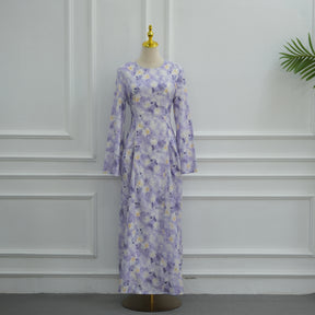 LR1373  Elegant Floral Center Print Double-Layer Polyester Tie Waist Dress