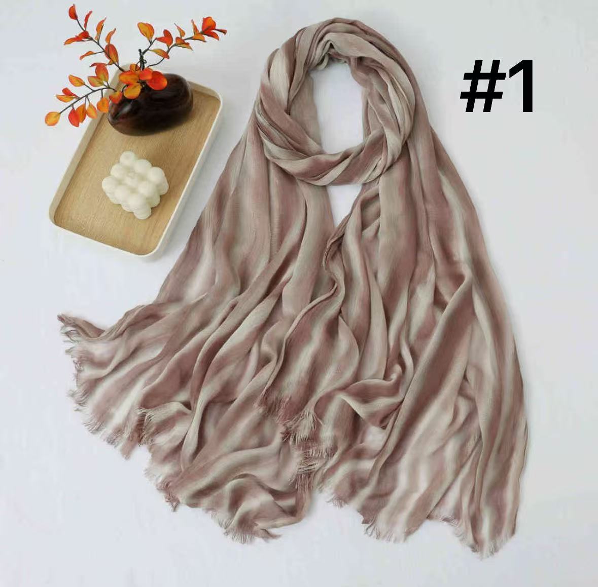 SS017  Striped Tie-Dye Modal Crinkle Hijab with Short Fringe