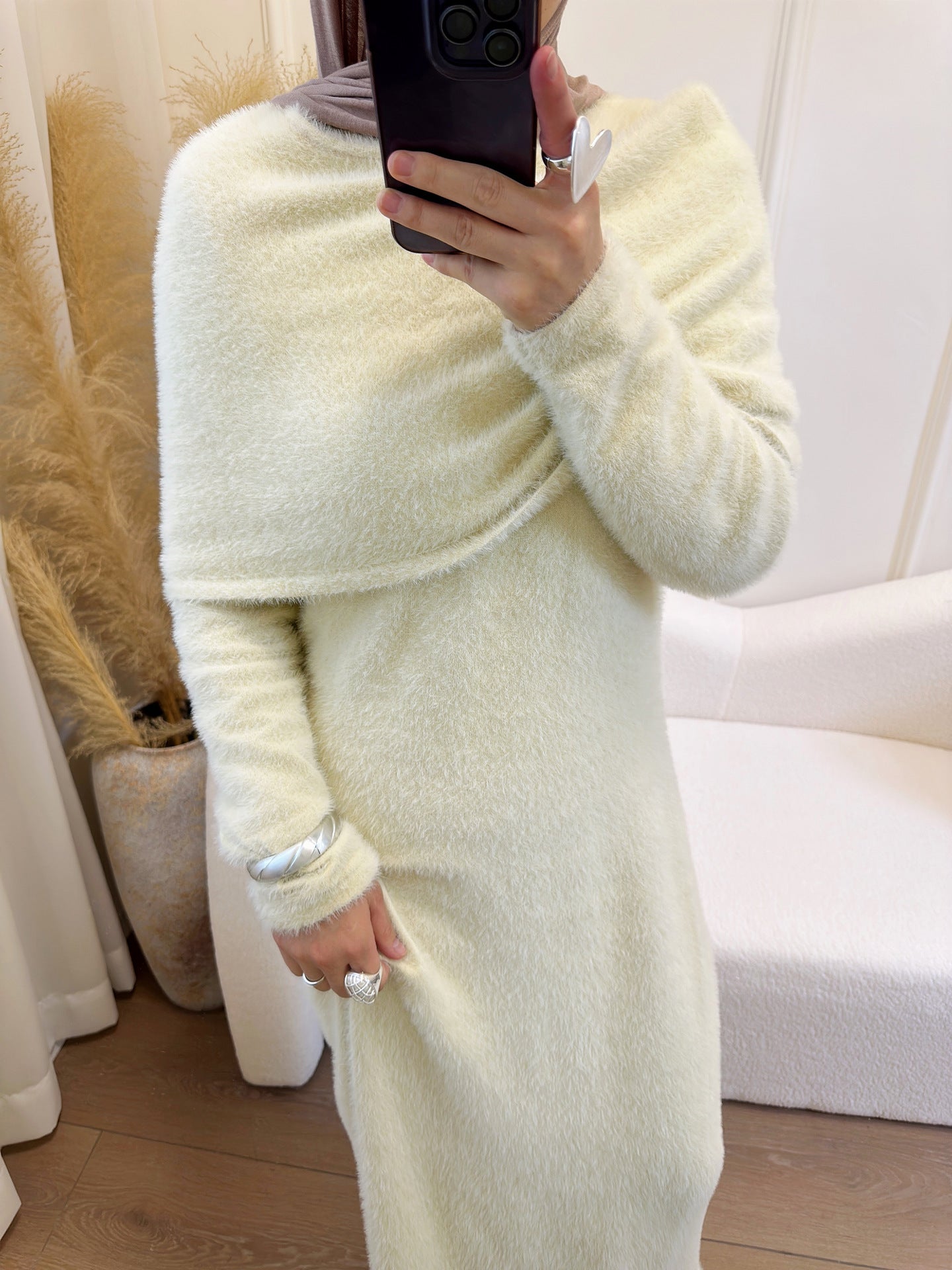 LR1085  2-Piece Plain Slim Fit Sweater Set with Shawl