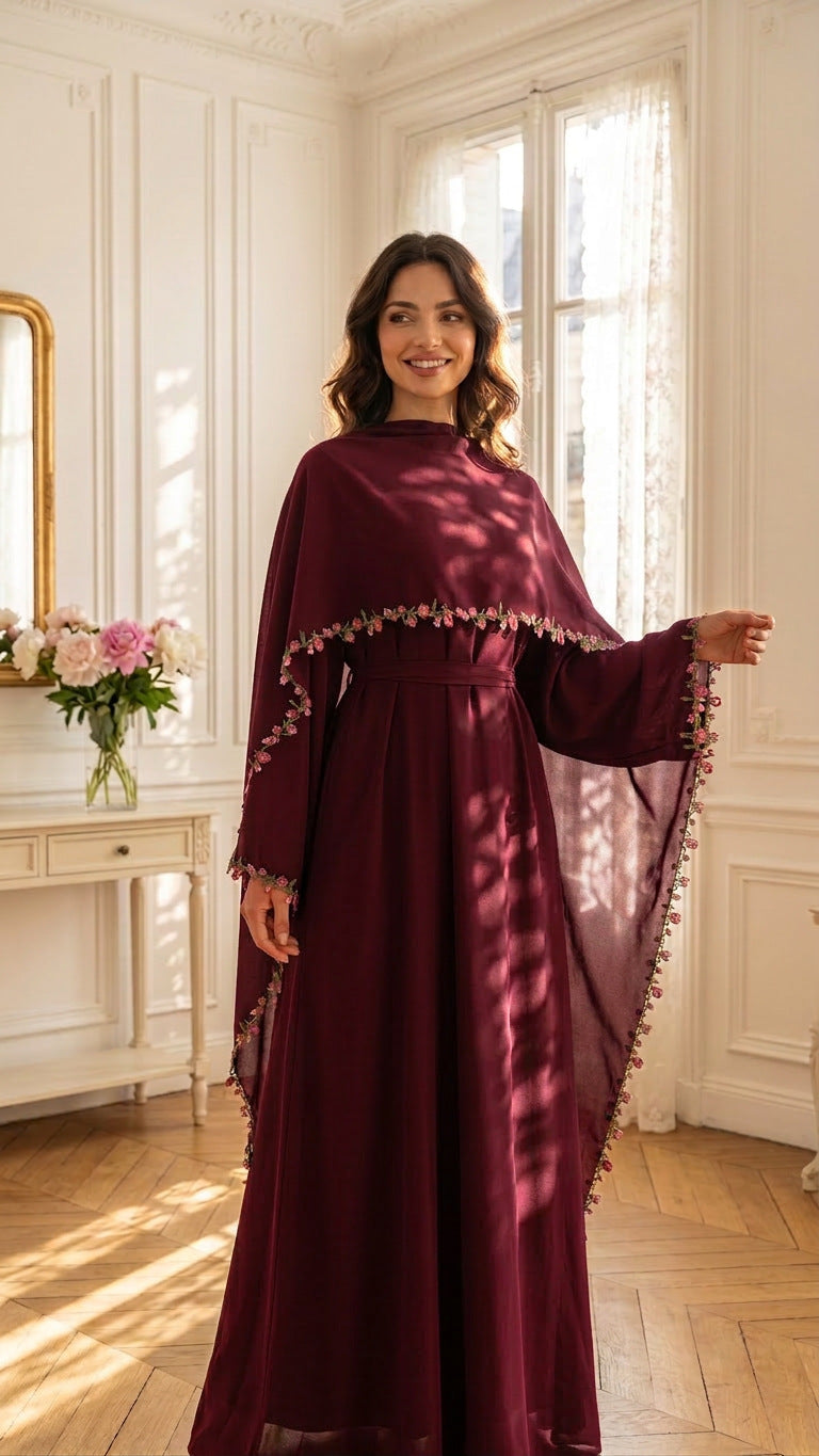LR1355  Contrast Lace Trim Patchwork Dress and Hijab Two Piece Set