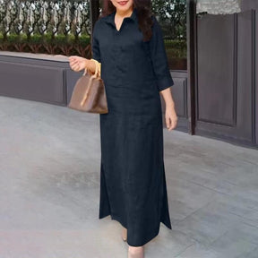 S010 Spring Autumn Plain Lapel Long Sleeve Loose Long Dress Abaya