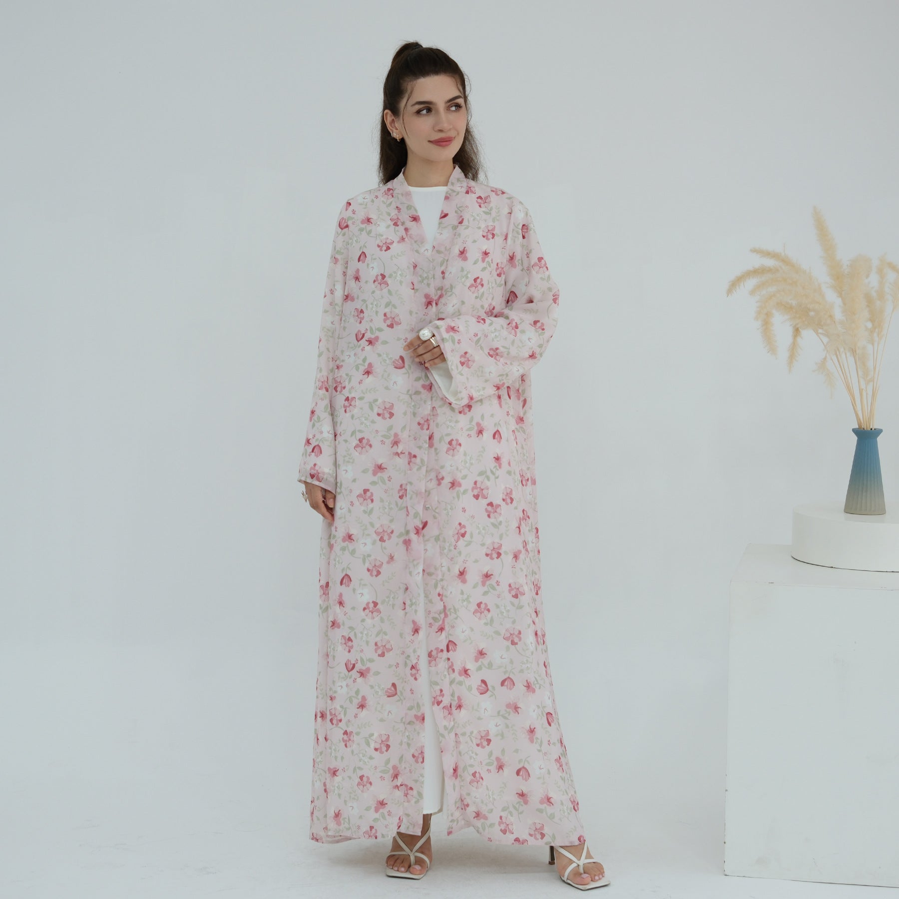 LR1067  Printed Chiffon Lined Open Abaya + Hijab Set