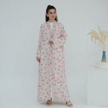 LR1067  Printed Chiffon Lined Open Abaya + Hijab Set