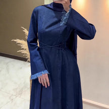 zx9072 Waist-Cinching Blue Denim Poly-Spandex Long Sleeve Dress - No Hijab , Customizable MOQ:50