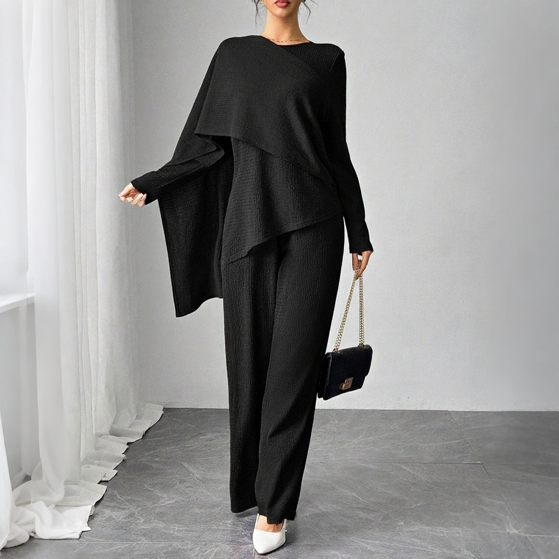 SY013  Elegant Casual Polyester Top + Wide-Leg Pants Set