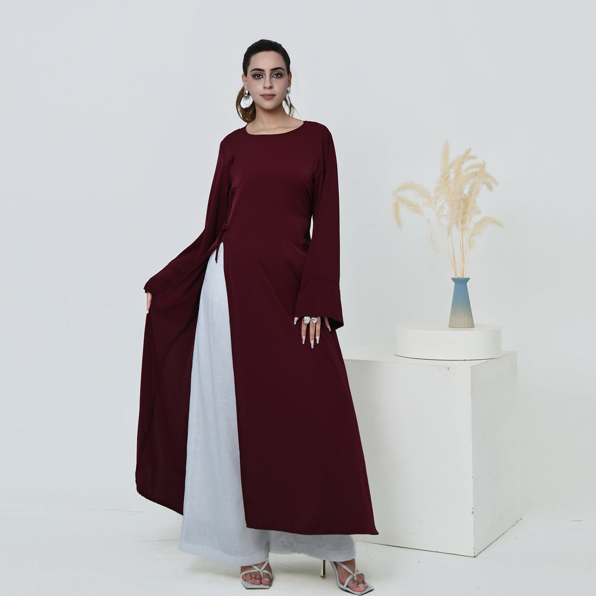 LR1102  Plus Size Long Sleeve Tie Waist Long Top with Back Zipper