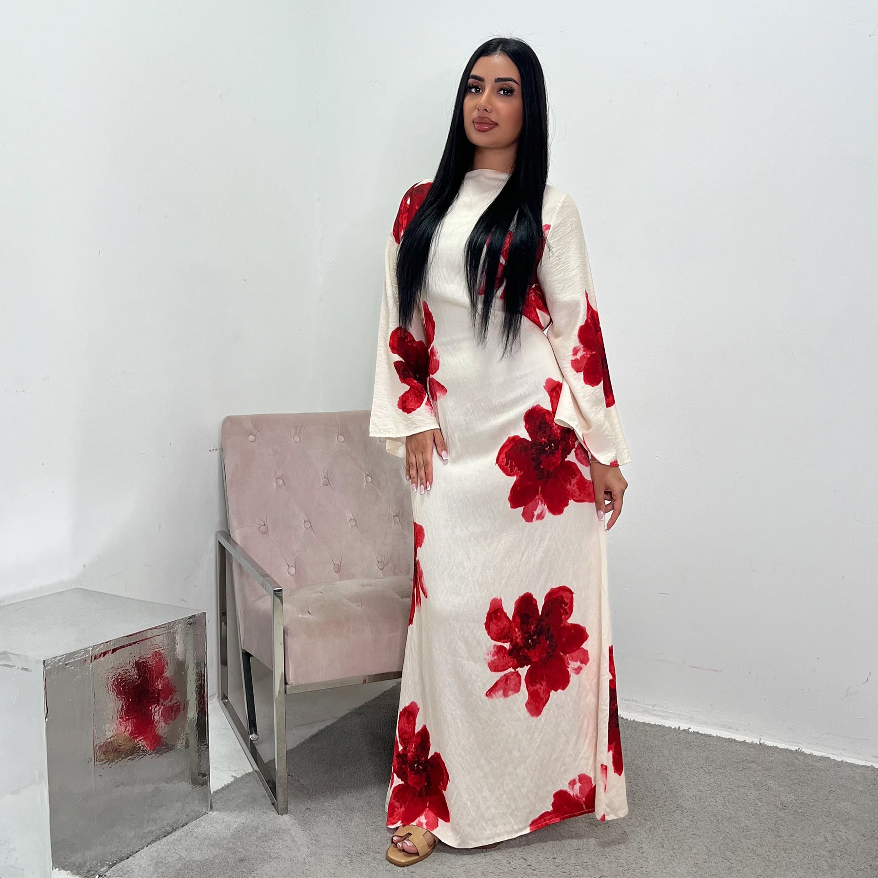 LR1063  Women's Printed Ankle-Length Dress with Slimming Waist