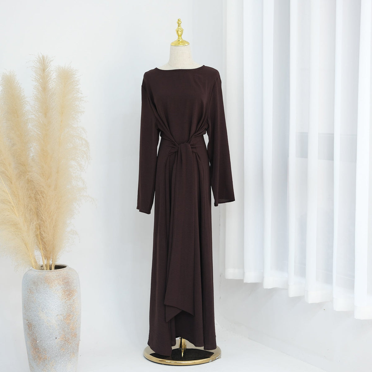 LR822  Plus Size Slimming Elegant Long Sleeve Viscose Dress with Waist Tie