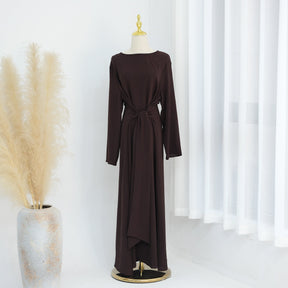 LR822  Plus Size Slimming Elegant Long Sleeve Viscose Dress with Waist Tie
