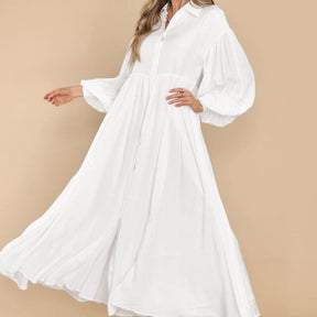 7826  Women's Casual Plain Button Lapel Pleated Long Sleeve Maxi Dress